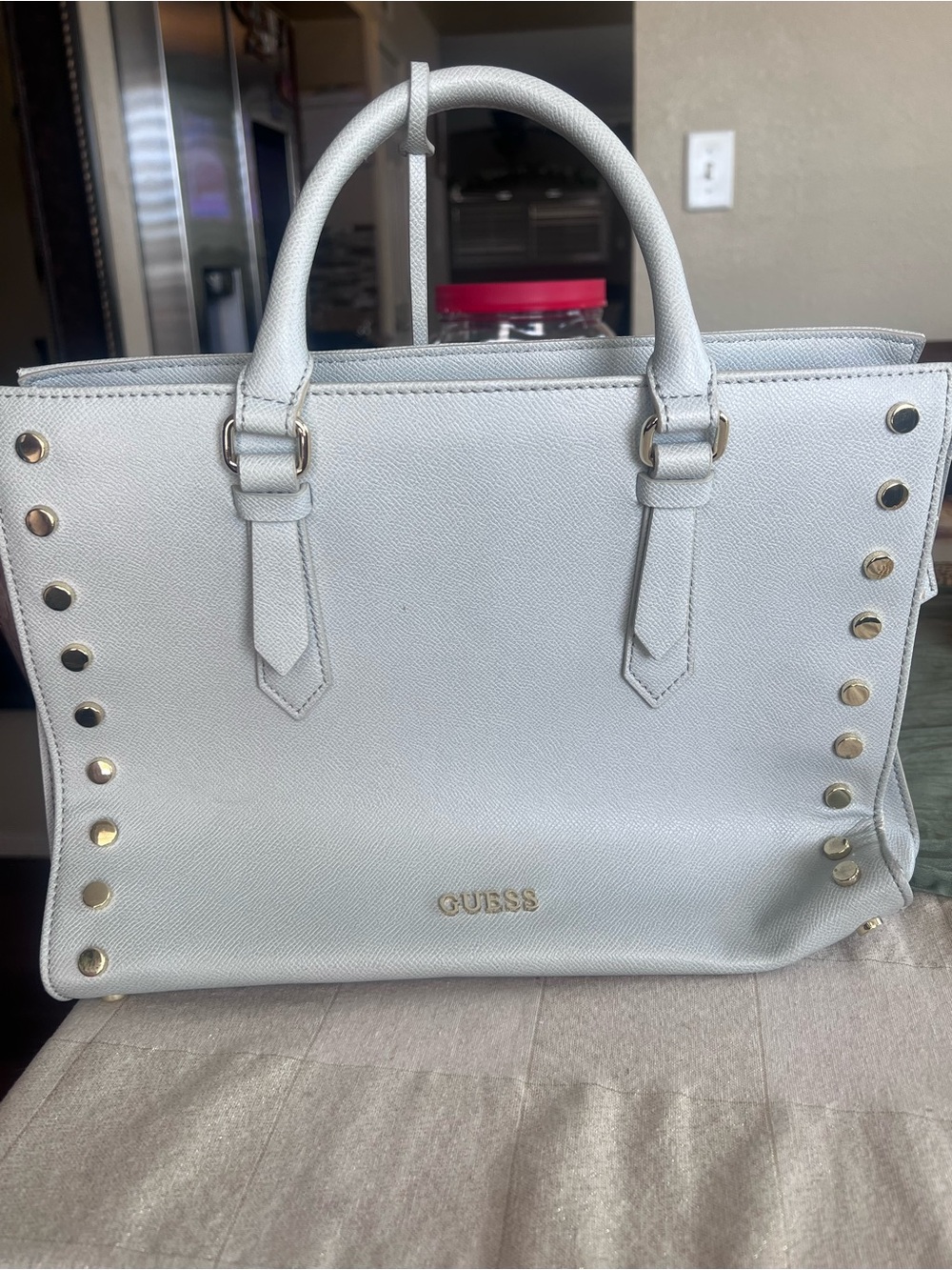 GUESS White Tote with Gold Stud Detailing